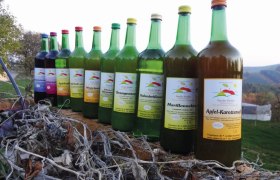 Fruchtsäfte der Familie Winkler, © Familie Winkler Eine Reihe von verschiedenen Fruchtsaftflaschen auf einem Holzbalken im Freien.