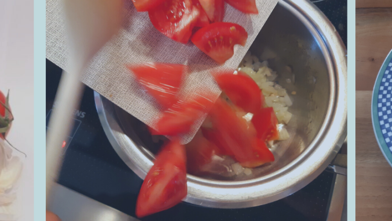 Tomatenuppe, © Imkerei Piribauer Collage mit Bildern der Zubereitung einer Paradeisersuppe.