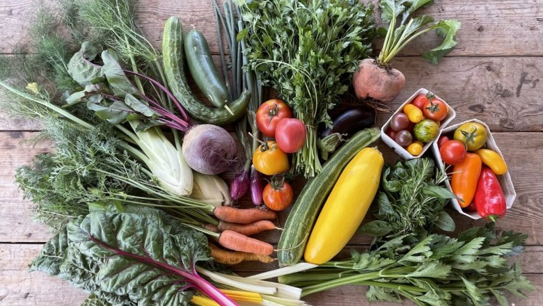 Kanterkistl, © Dreikanterei Bunte Gemüsesorten und diverse Kräuter auf einem Holztisch.