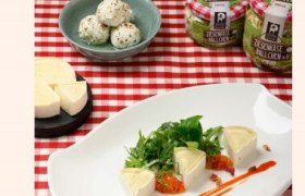 Teller mit Ziegenfrischkäseterrine auf kariertem Tischtuch, daneben Ziegenkäsebällchen.