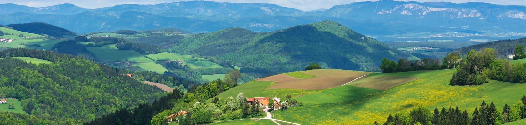 Landschaft mit sanften Hügeln, Wäldern und Feldern.