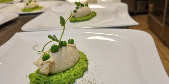 Vorspeise mit gr&uuml;nem Erbsenp&uuml;ree, darauf eine wei&szlig;e Cremehaube, garniert mit Erbsen.