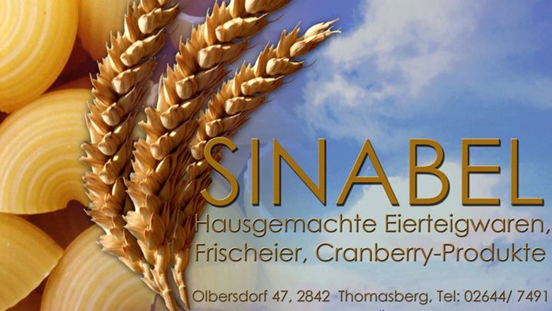 Werbeschild von Sinabel mit Weizen&auml;hren und Pasta.