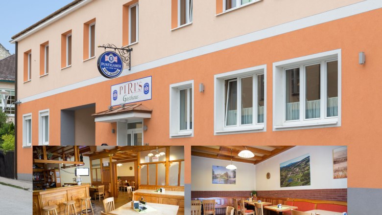 Außenansicht von Piri's Gasthaus und Innenansichten des Gastraums.