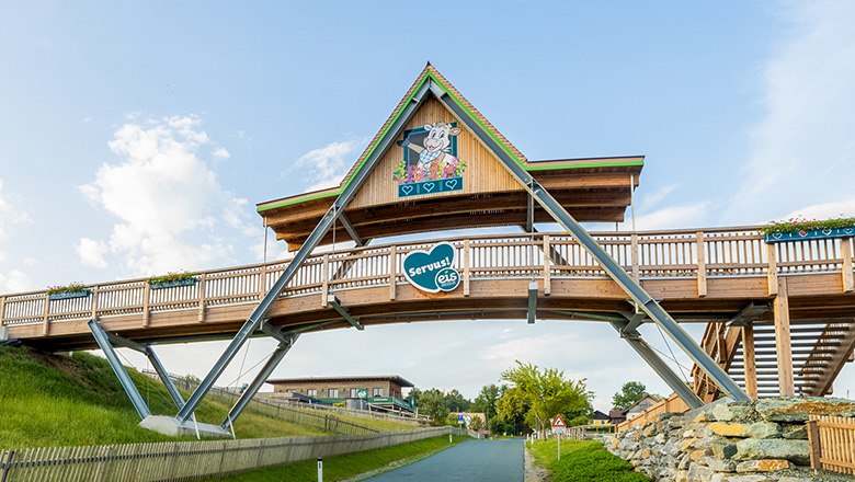 Holzbrücke vom Parkplatz zum Eis-Greissler Erlebnispark über einer Straße.