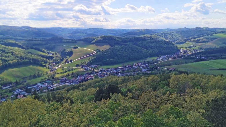 Panoramablick auf grüne Hügellandschaft mit Wäldern, blauem Himmel und kleinem Dorf.
