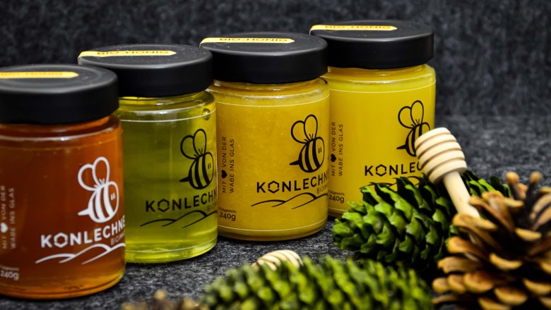 Vier verschiedene Honigsorten in Gläsern vor dunkelgrauem Hintergrund, umgeben von Tannenzapfen und einem Honiglöffel.