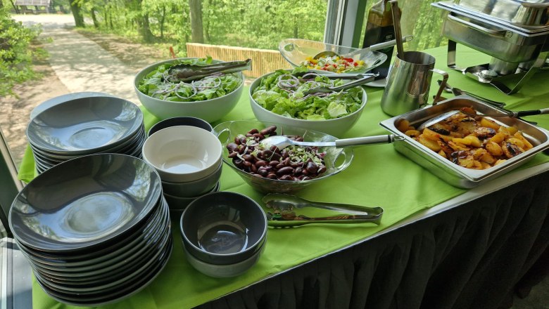 Buffet im Freien mit verschiedenen Salaten, Tellern, Kartoffeln und Besteck auf grünem Tischtuch.