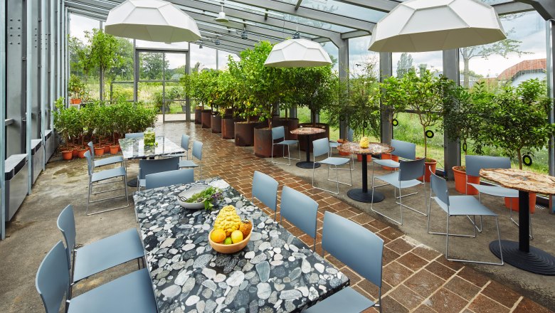 Innenansicht einer Orangerie mit Tischen, St&uuml;hlen und Pflanzen.