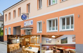 Außenansicht von Piri's Gasthaus und Innenansichten des Gastraums.