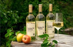 Drei Flaschen Apfelmost, ein Glas mit Apfelmost, Zweige und Äpfel auf einem runden Holztisch.