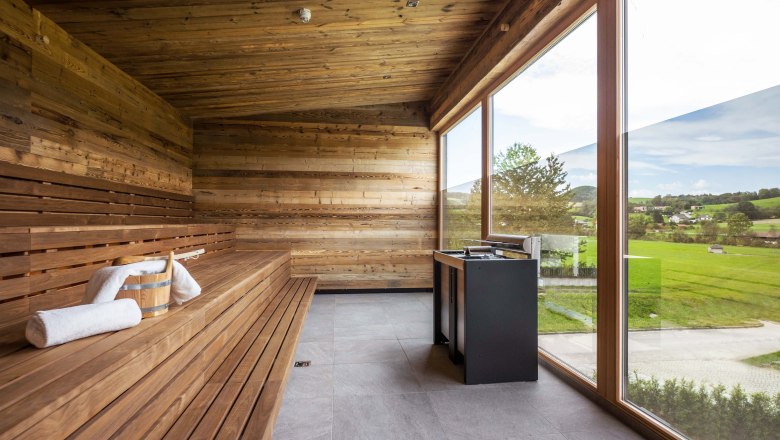 Moderne Sauna mit Holzverkleidung und großer Glasfront mit Blick ins Grüne.